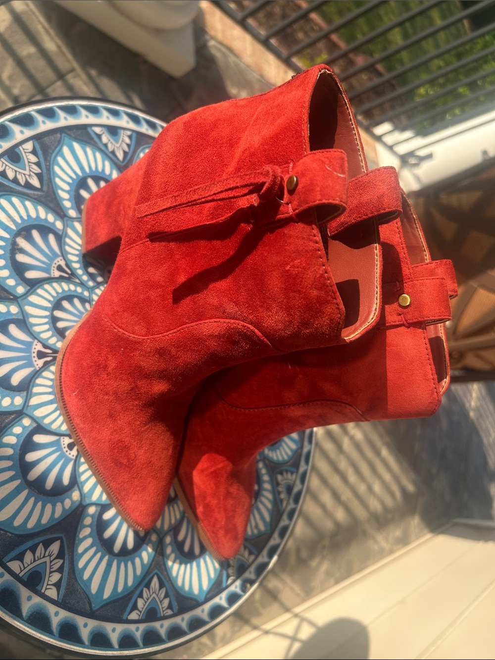 BCBGeneration Red Suede Ankle Booties with Gold Accent